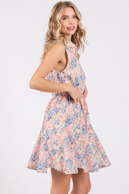 GeeGee Full Size Floral Eyelet Sleeveless Mini Dress | us.meeeshop