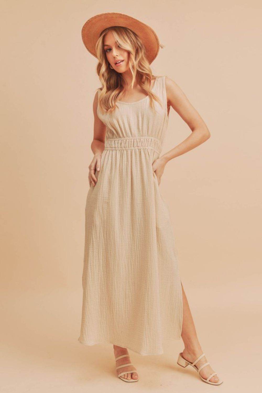 Aemi + Co Side Slit Round Neck Sleeveless Tank Dress in Oatmeal - us.meeeshop