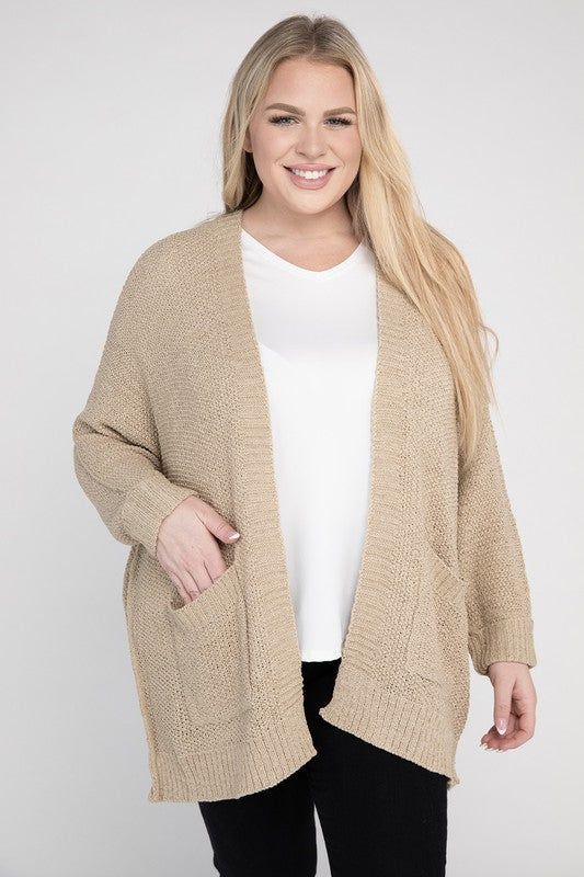 eesome Plus Size Ribbed Knit Open Front Cardigan us.meeeshop - Shirts & Tops