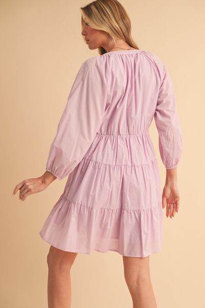 Aemi + Co Notched Balloon Sleeve Tiered Mini Dress - us.meeeshop