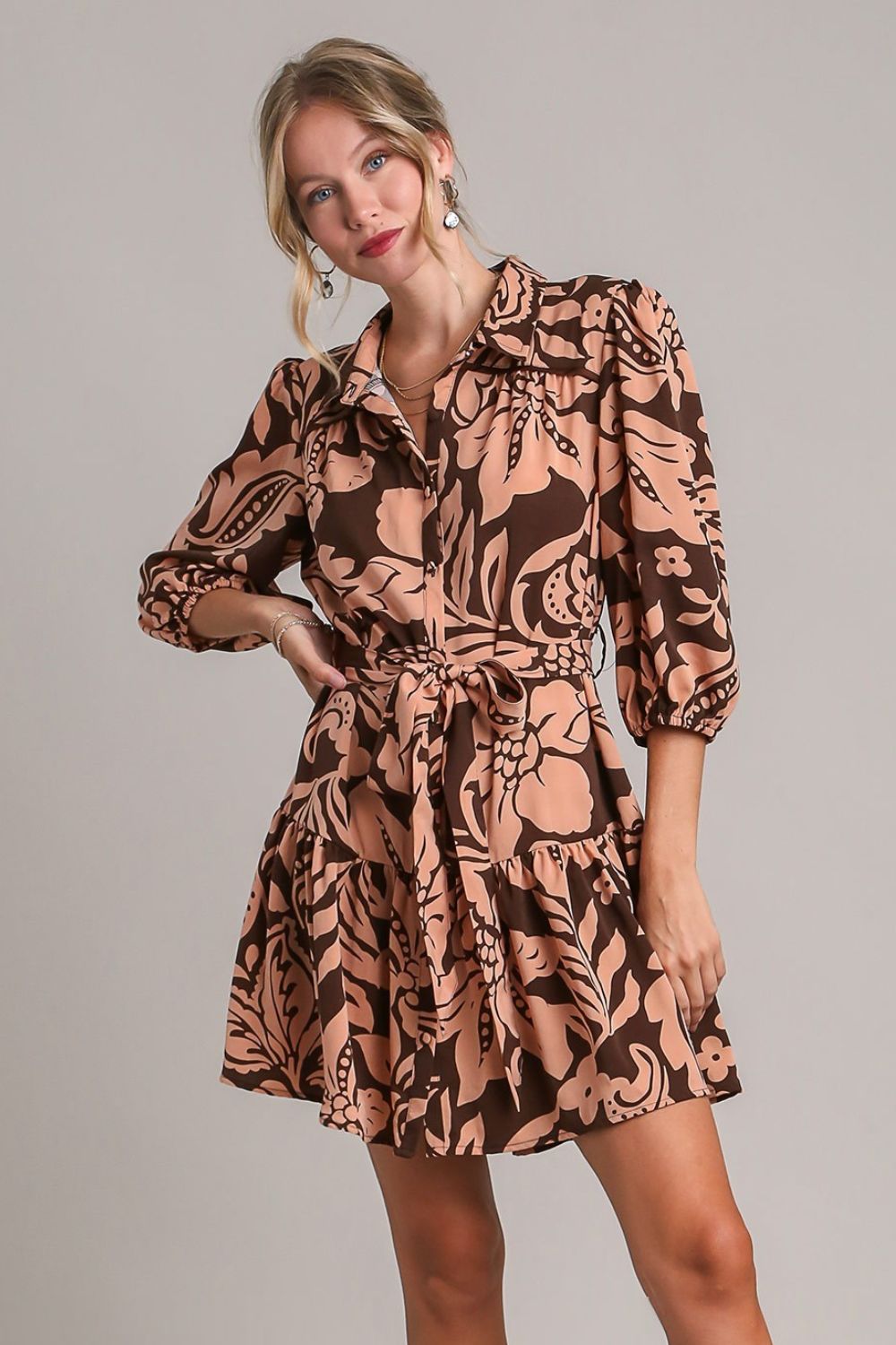 Umgee | Two Tone Floral Print Puff Sleeve Tie Waist Dress Plus Size - us.meeeshop