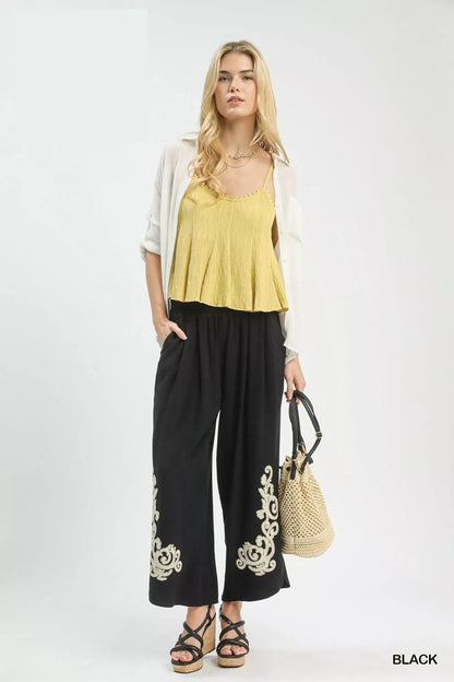 umgee linen embroidered Umgee Linen Embroidered Wide-leg Boho Pants view 3 (bottom) - shop at us.meeeshop