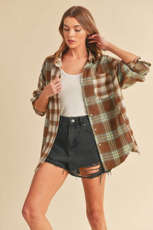 Aemi + Co Frayed Hem Plaid Button Up Flannel Shirt in Brown/White/Sage - us.meeeshop