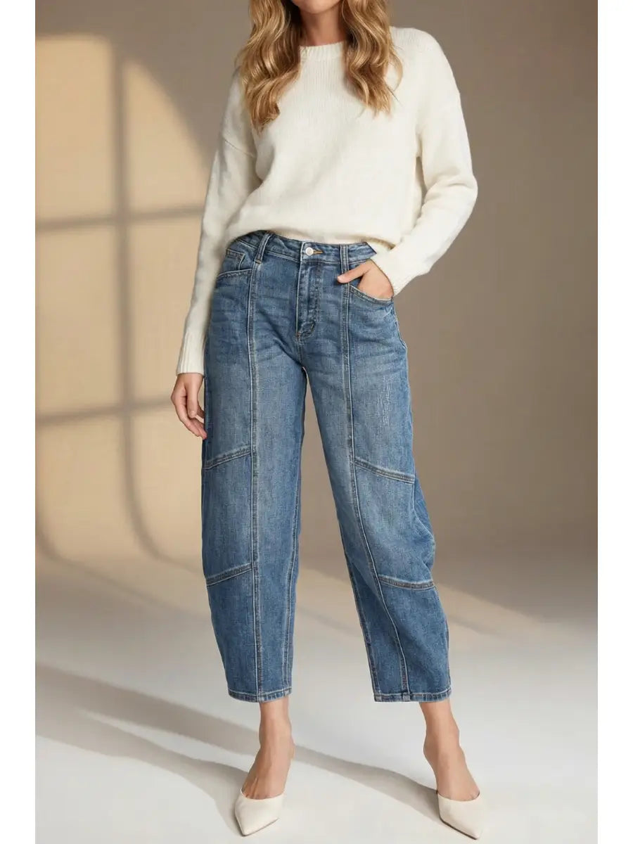 Elara Relaxed Tapered High Rise Cut Seam Detailing Barrel Jeans in 9 (28) view 5 - High-Waisted - Elara Relaxed Pants