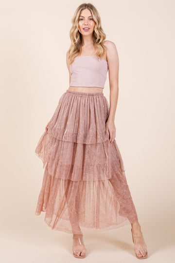 Elastic Waisted Embossed Mesh Tiered Ruffle Skirt - MeeeShop Women's Fashion