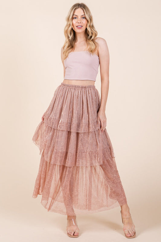 Elastic Waisted Embossed Mesh Tiered Ruffle Skirt in S - Comfort Stretch - Elastic Waist Skirt