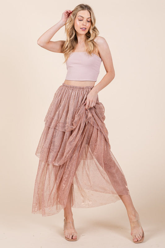 Elastic Waisted Embossed Mesh Tiered Ruffle Skirt in M view 2 - Comfort Stretch - Elastic Waist Skirt