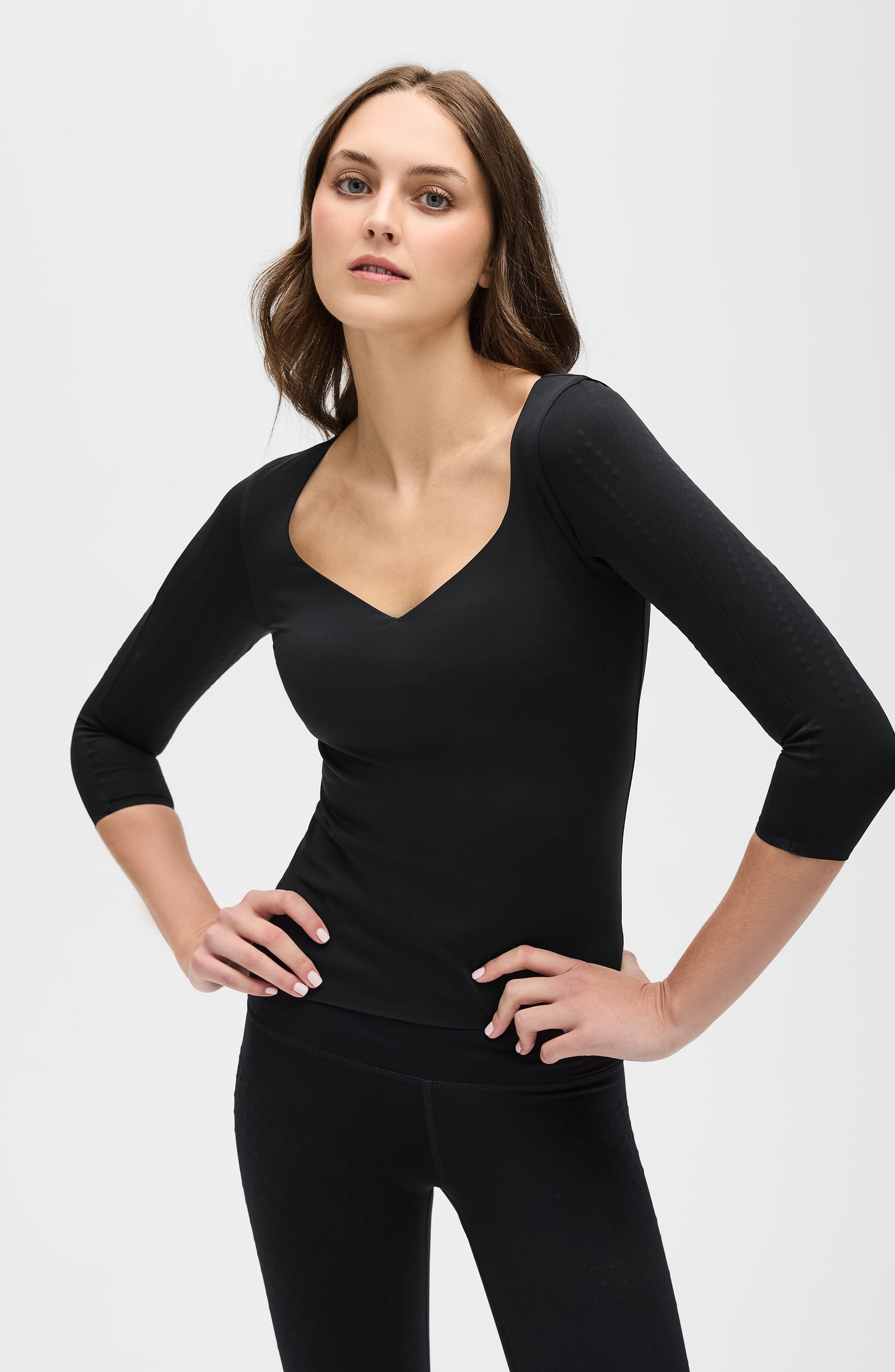 Elastique Athletics Iconic 3/4 Sleeve Microperle Top in cappuccino view 2 - Iconic Micro Photos