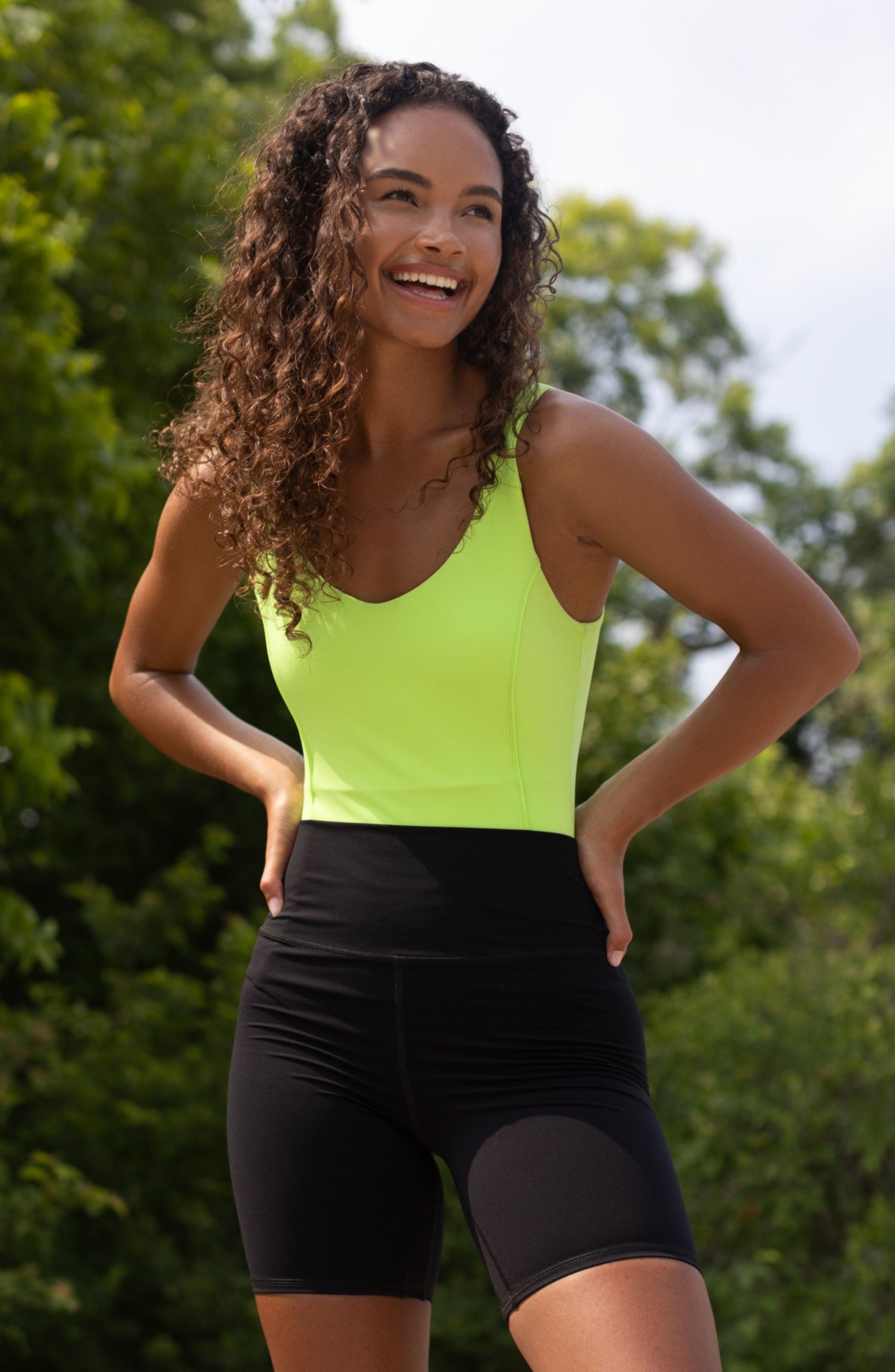 Elastique Athletics Riviera Bodysuit Top in lime view 4 - Riviera Asymmetrical Back Bodysuit