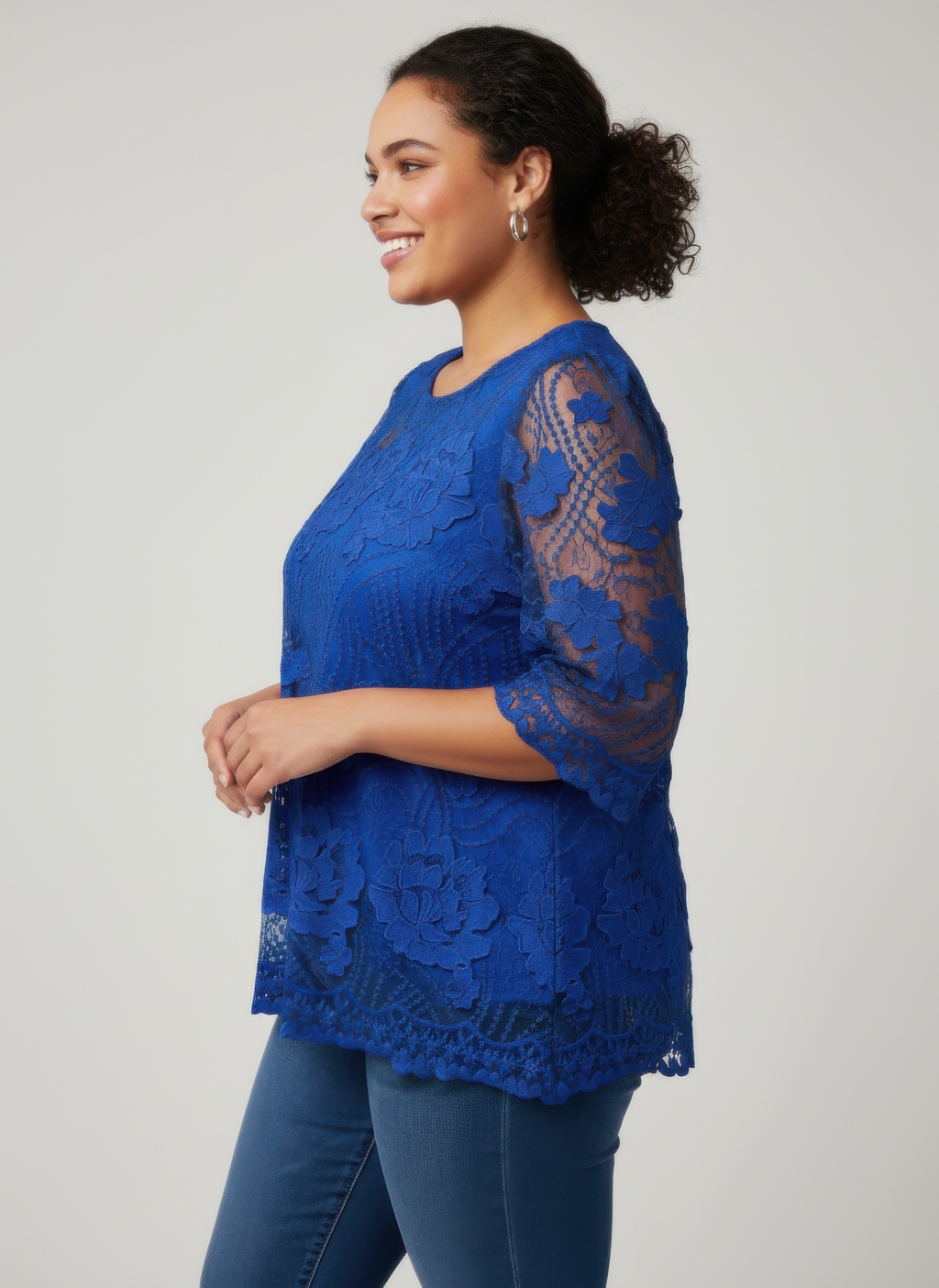 Elegant Floral Lace Sleeve Blouse Blue view 2 (top) - elegant floral blouses for women, elegant floral  - shop at us.meeeshop