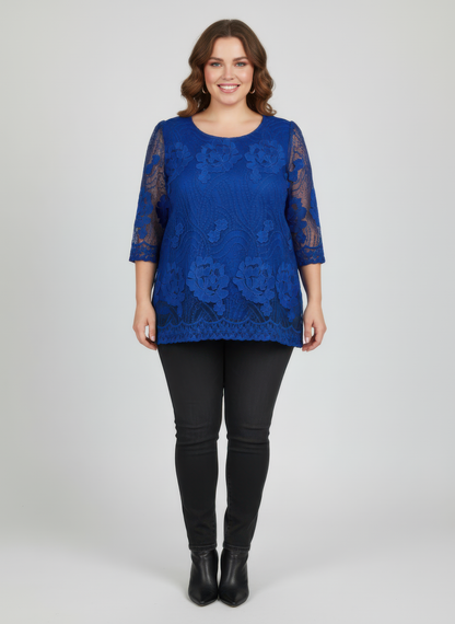 Elegant Floral Lace Sleeve Blouse in Blue - Elegant Floral Blouses For Women (top)