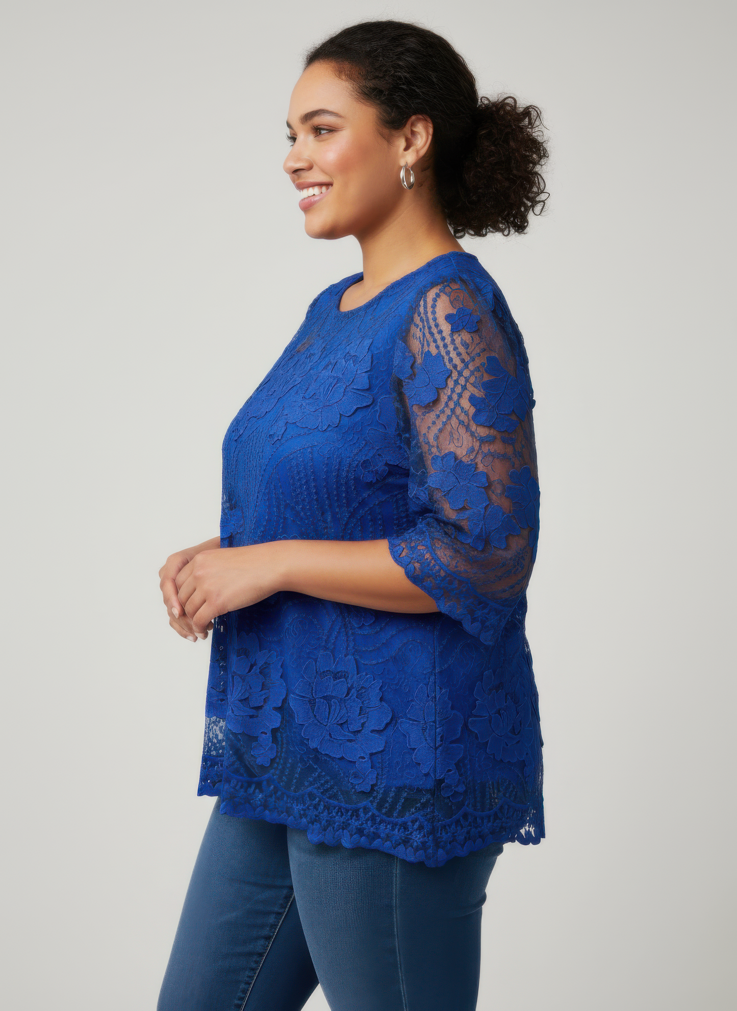 Elegant Floral Lace Sleeve Blouse in Blue view 2 - Elegant Floral Blouses For Women (top)