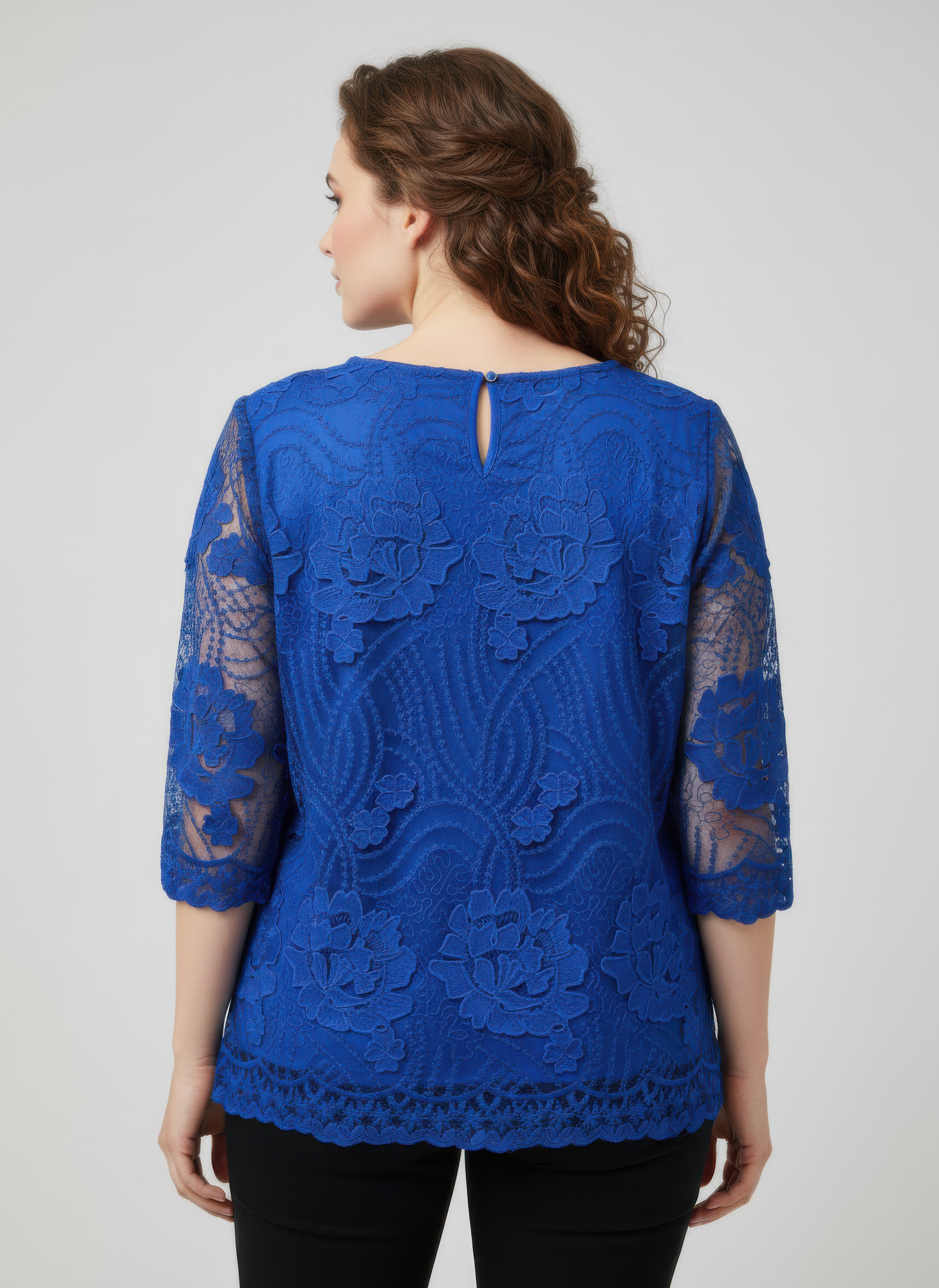 Elegant Floral Lace Sleeve Blouse in Blue view 3 - Elegant Floral Blouses For Women (top)