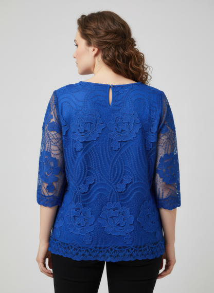 Elegant Floral Lace Sleeve Blouse in Blue view 3 - Elegant Floral Blouses For Women (top)