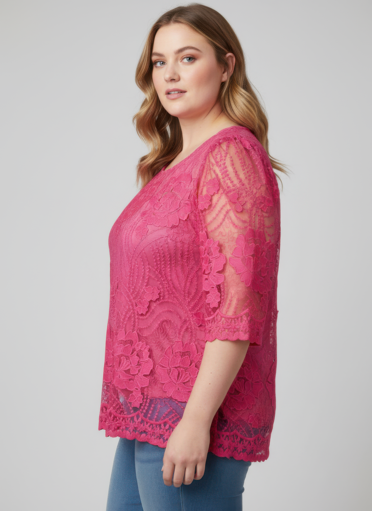 Elegant Floral Lace Sleeve Blouse in Pink view 5 - Elegant Floral Blouses For Women (top)