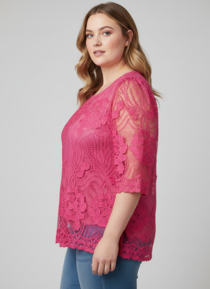 Elegant Floral Lace Sleeve Blouse in Pink view 5 - Elegant Floral Blouses For Women (top)