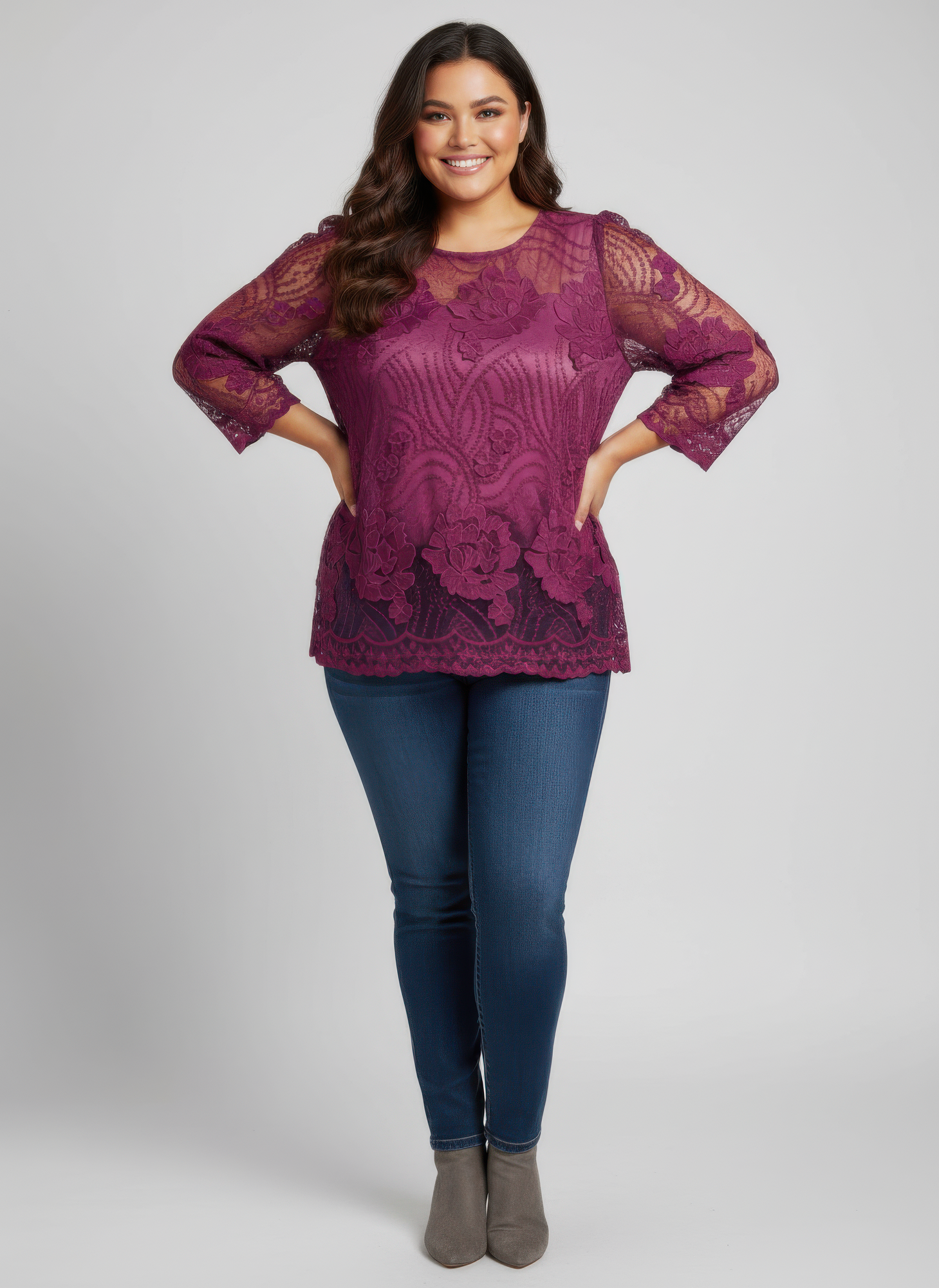 Elegant Floral Lace Sleeve Blouse in Red view 7 - Elegant Floral Blouses For Women (top)