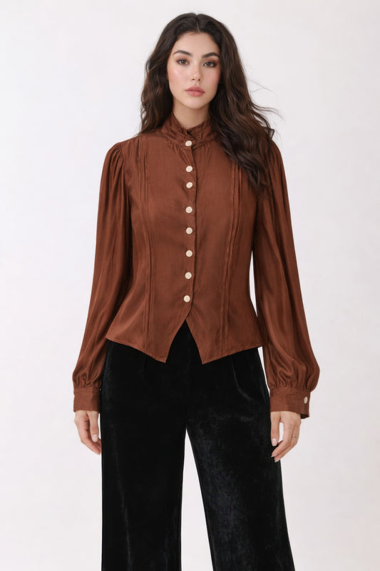 Elegant Satin-finish Victorian Button-up Top in Brown - Victorian Satin Blouse