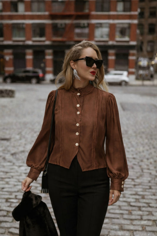 Elegant Satin-finish Victorian Button-up Top in Brown view 2 - Victorian Satin Blouse