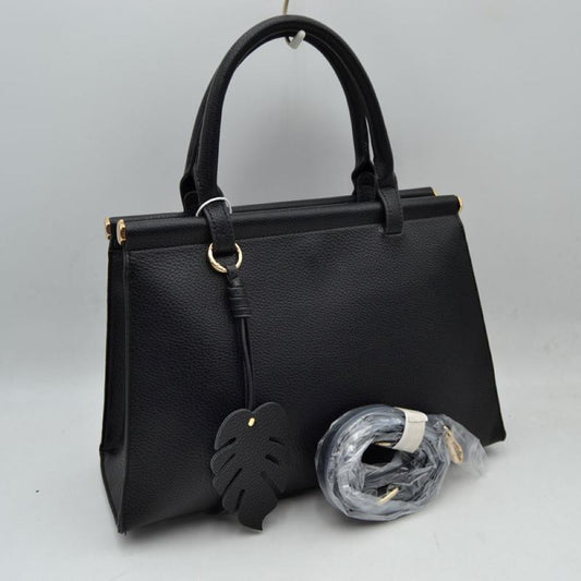 Elegant Tote Handbag with Detachable Shoulder Strap & Round Charm Keychain in Black