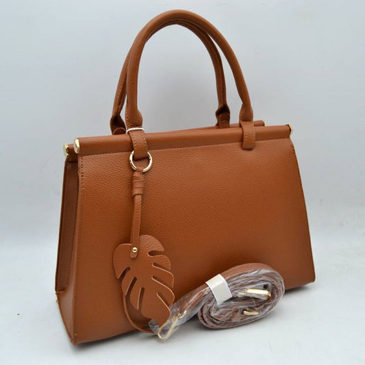Elegant Tote Handbag with Detachable Shoulder Strap & Round Charm Keychain in Brown view 2