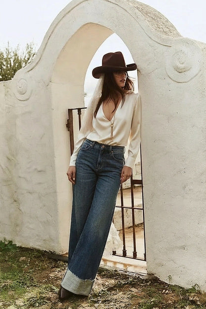 Elise Tummy Control High Rise Cuffed a Wide Leg Jeans in 1 (24) - High-Waisted (bottom)