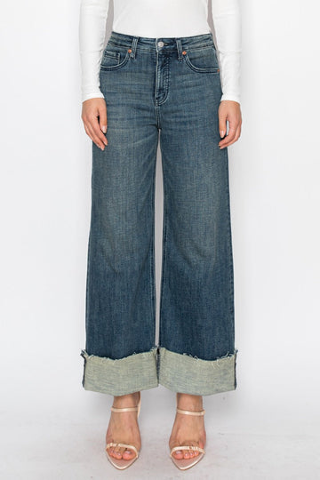 Elise Tummy Control High Rise Cuffed a Wide Leg Jeans - MeeeShop Women's Fashion