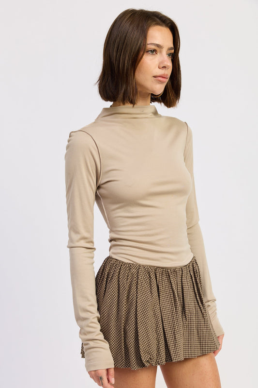 Eliza Mock Neck Top in Latte view 2 - Eliza Mock Neck Blouse | Taupe Lola & Sophie Taupe