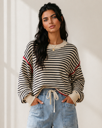 Elle Ribbed Trim Drop Shoulder Oversized Sweater in S - Relaxed Fit - Elle Ribbed Cloud Knit Sweater (top)