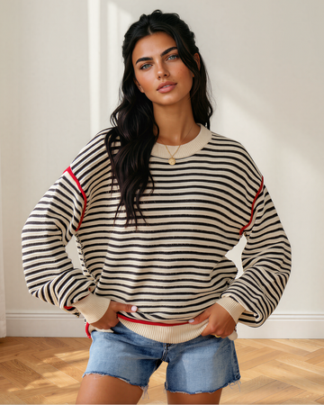 Elle Ribbed Trim Drop Shoulder Oversized Sweater in M view 2 - Relaxed Fit - Elle Ribbed Cloud Knit Sweater (top)