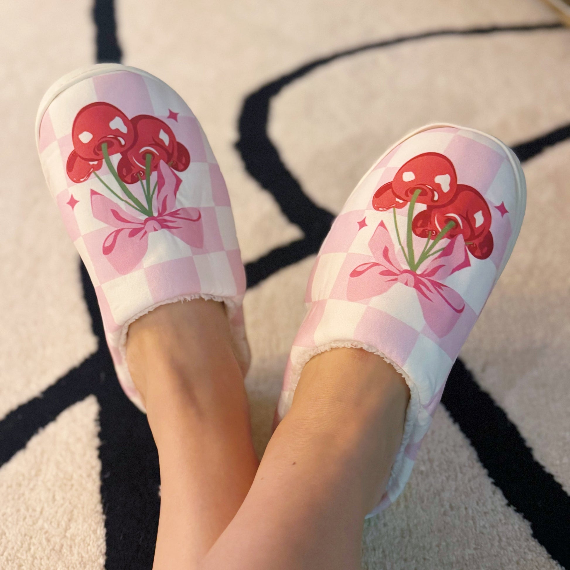 Ellisonyoung.com Cherry Bow Check Lounge Slippers - Sweet & Cozy in L/XL view 3 - Sweet Cozy (piece)
