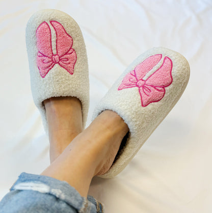 Ellisonyoung.com Pink Lounge Bow Cozy Slippers in L/XL view 3 - Pink House Slippers (piece)