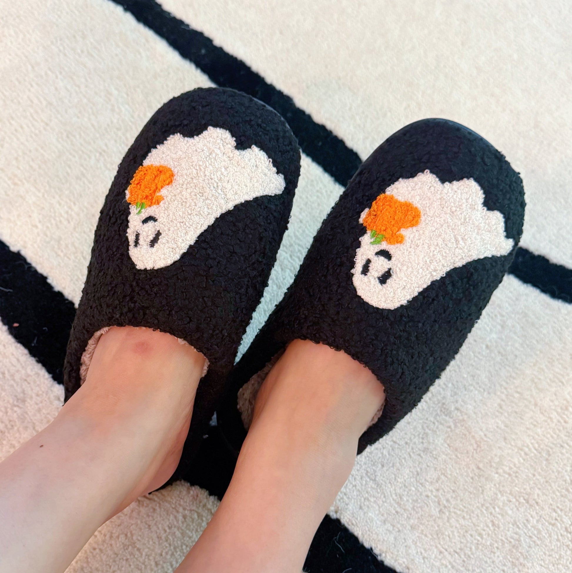 Ellisonyoung.com Spooky Ghost Cozy Slippers – Soft Black Slippers with Cute Ghost and Pumpkin Embroidery in M/L view 2