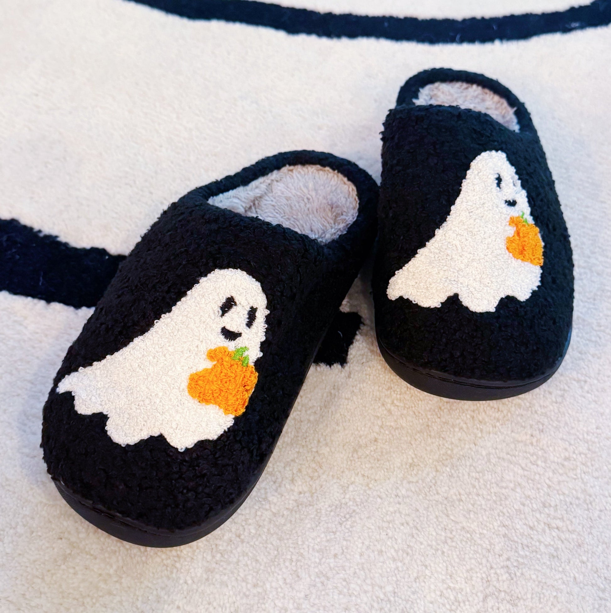 Ellisonyoung.com Spooky Ghost Cozy Slippers – Soft Black Slippers with Cute Ghost and Pumpkin Embroidery in L/XL view 3