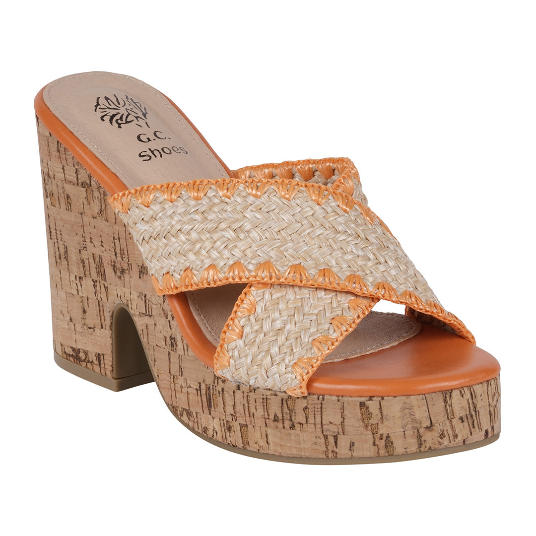 Elsa Orange Woven Cross Strap Wooden Platform Heeled Sandals Orange (shoe) - heeled sandals, platform h - shop at us.meeeshop