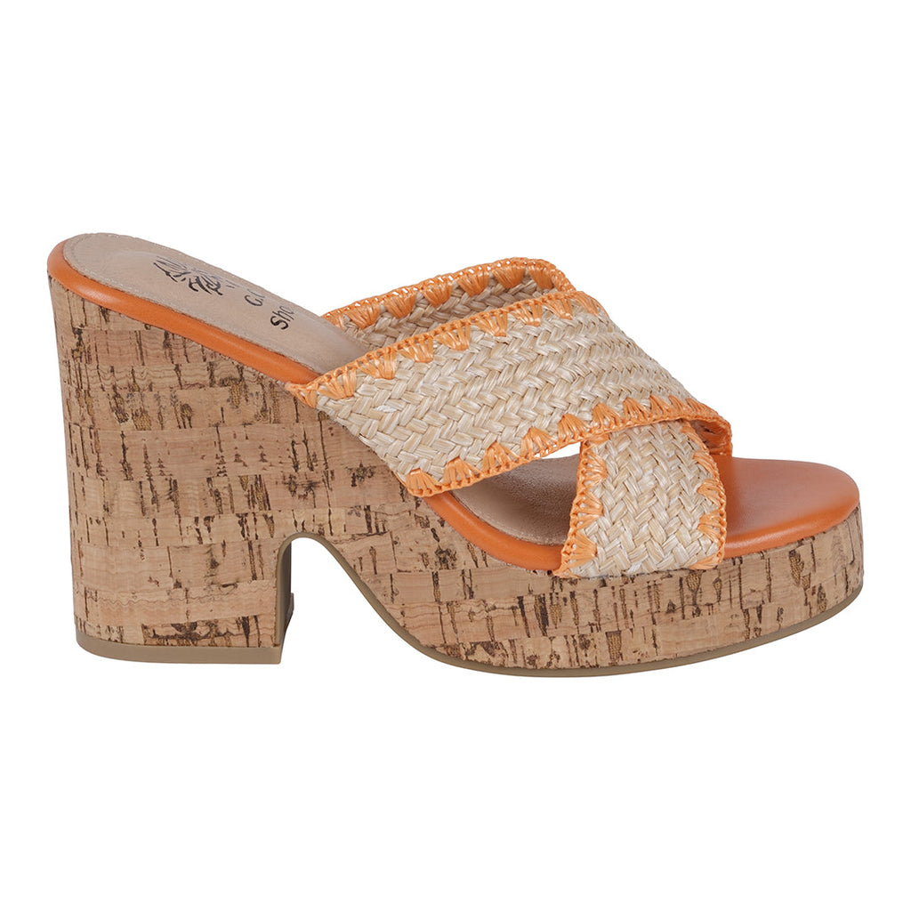 Elsa Orange Woven Cross Strap Wooden Platform Heeled Sandals Orange view 4 (shoe) - heeled sandals, pla - shop at us.meeeshop