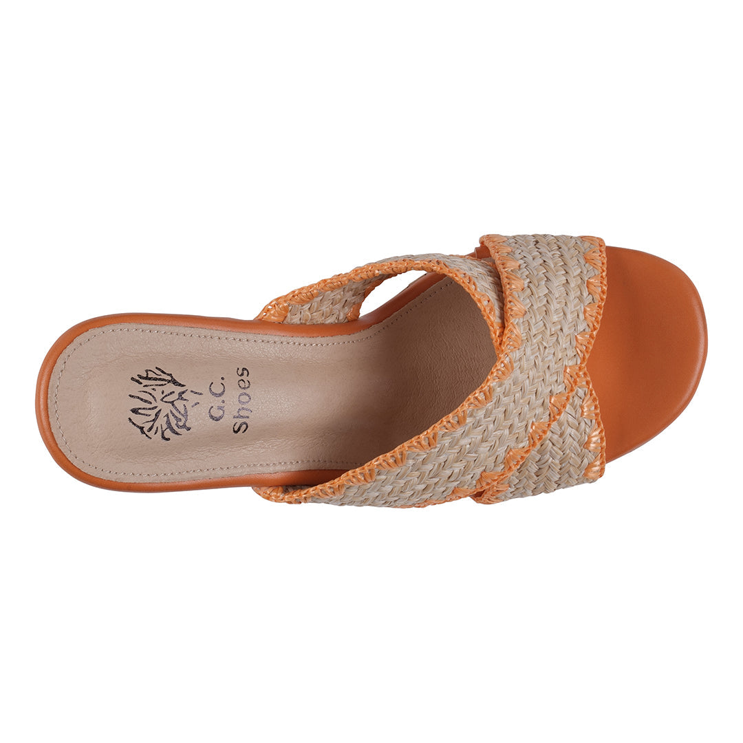 Elsa Orange Woven Cross Strap Wooden Platform Heeled Sandals Orange view 5 (shoe) - heeled sandals, pla - shop at us.meeeshop