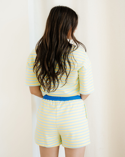 Elsa Stripe Drop Shoulder Boxy Casual Terry Short Set - Yellow view 7 (bottom) - frozen yellow stripe t - shop at us.meeeshop