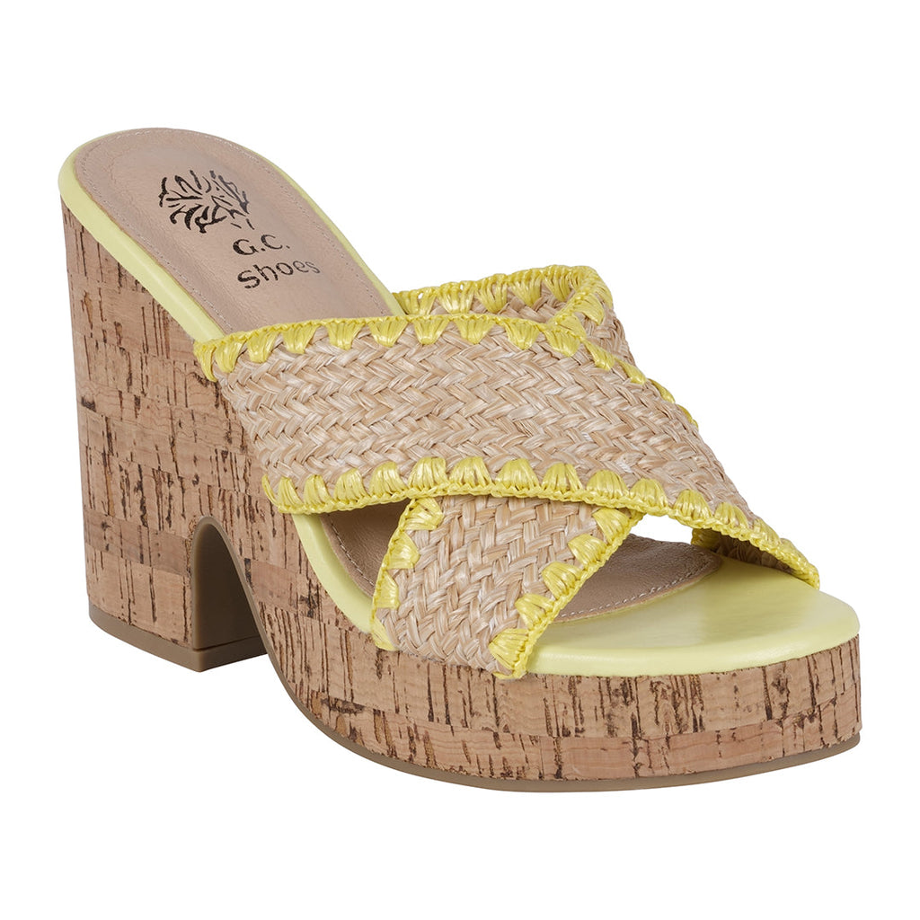 Elsa Yellow Woven Cross Strap Wooden Platform Heeled Sandals Yellow (shoe) - heeled sandals, platform h - shop at us.meeeshop