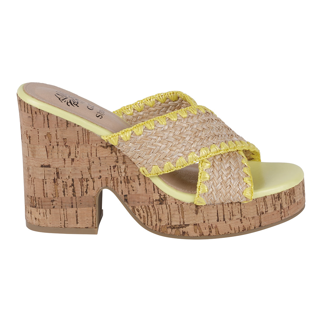 Elsa Yellow Woven Cross Strap Wooden Platform Heeled Sandals Yellow view 4 (shoe) - heeled sandals, pla - shop at us.meeeshop