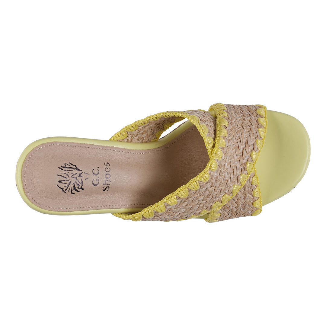 Elsa Yellow Woven Cross Strap Wooden Platform Heeled Sandals Yellow view 5 (shoe) - heeled sandals, pla - shop at us.meeeshop