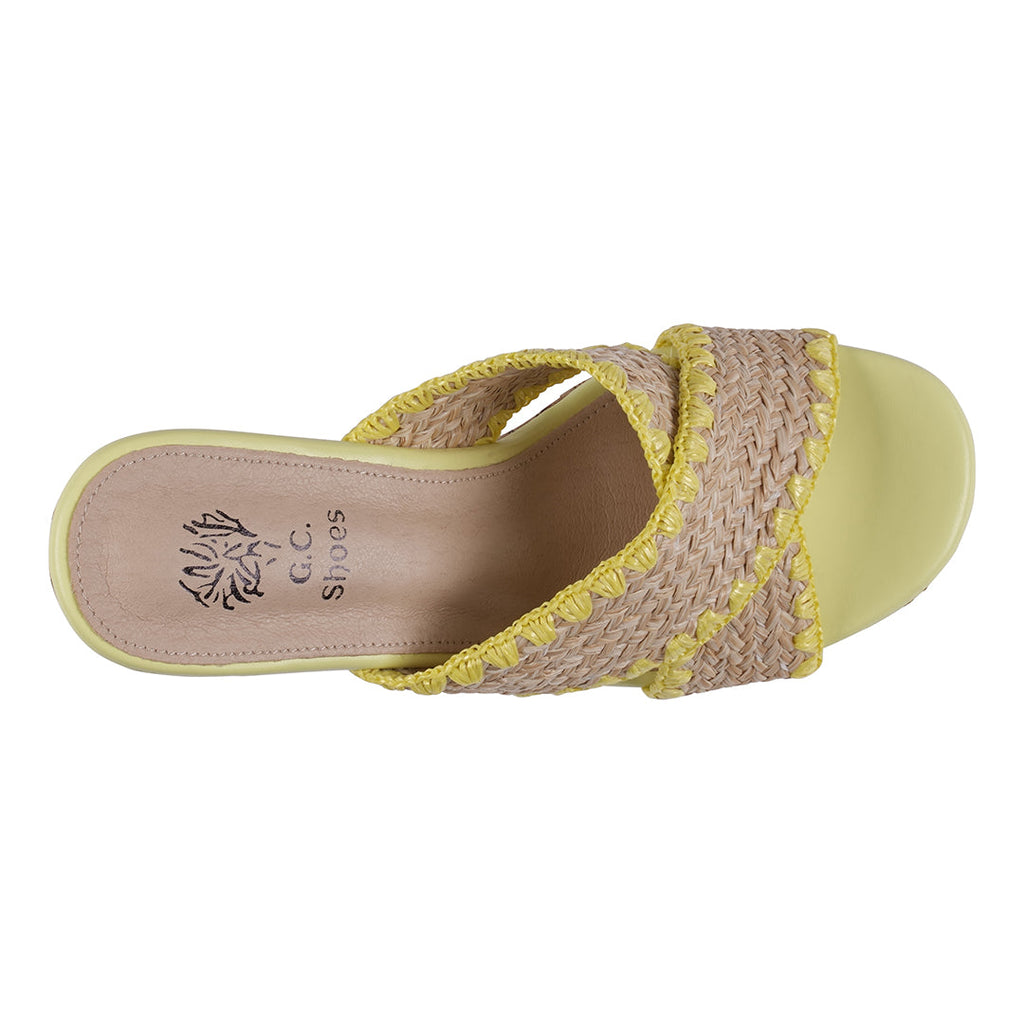 Elsa Yellow Woven Cross Strap Wooden Platform Heeled Sandals Yellow view 5 (shoe) - heeled sandals, pla - shop at us.meeeshop
