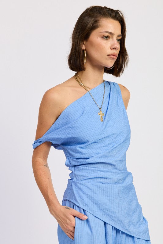Elsie Asymmetrical Top in Blue Black Stripe view 2