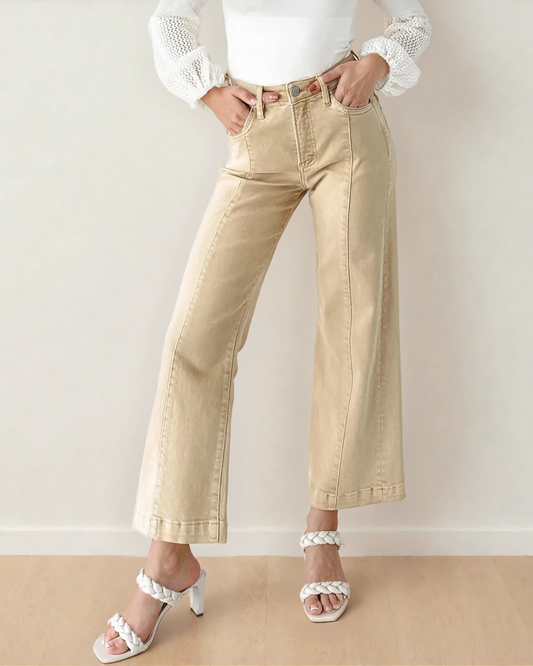 Elsie Solid Color Seamed Center Wide Leg Cropped Jeans - Apricot in Apricot - Apricot Jeans (bottom)