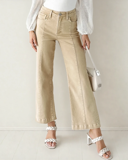 Elsie Solid Color Seamed Center Wide Leg Cropped Jeans - Apricot in Apricot view 2 - Apricot Jeans (bottom)