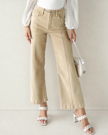 Elsie Solid Color Seamed Center Wide Leg Cropped Jeans - Apricot View 2 - MeeeShop Women's Fashion