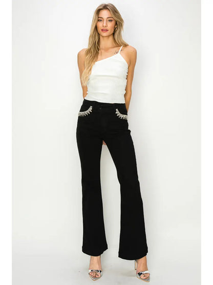 Embellished High Rise Cross over Flare Jeans in 3 (25) view 2 - High-Waisted - Embellished Jeans High Waisted (bottom)