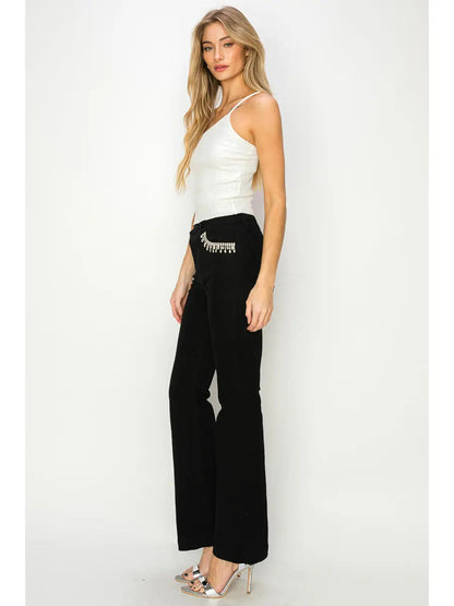 Embellished High Rise Cross over Flare Jeans in 5 (26) view 3 - High-Waisted - Embellished Jeans High Waisted (bottom)