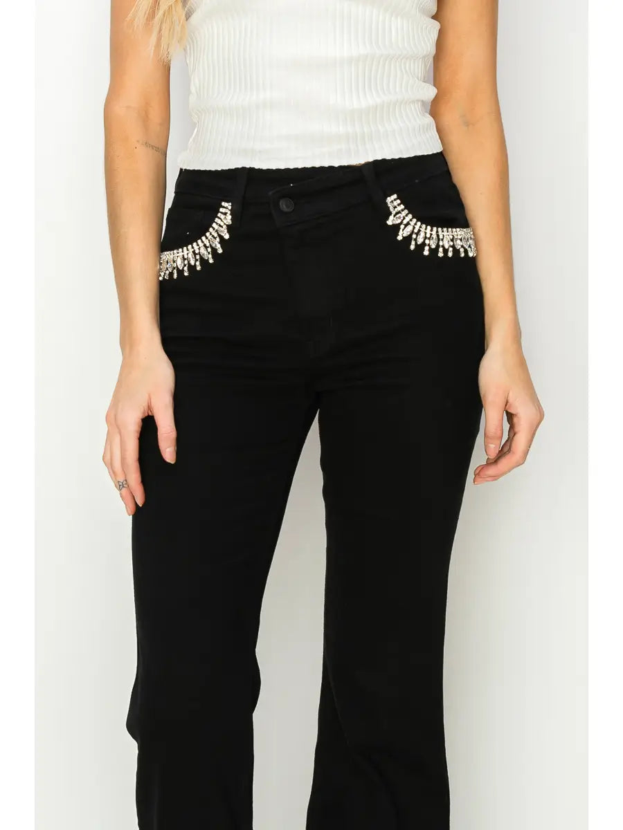 Embellished High Rise Cross over Flare Jeans in 9 (28) view 5 - High-Waisted - Embellished Jeans High Waisted (bottom)