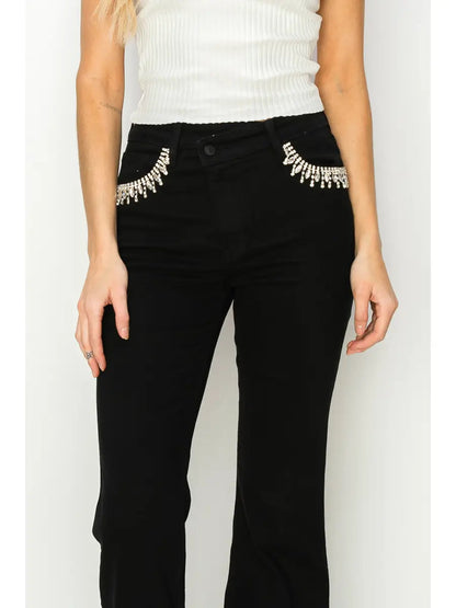 Embellished High Rise Cross over Flare Jeans in 9 (28) view 5 - High-Waisted - Embellished Jeans High Waisted (bottom)